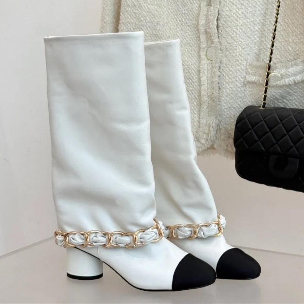 CHANEL Ivory and Black Lambskin Chain Accent Boots